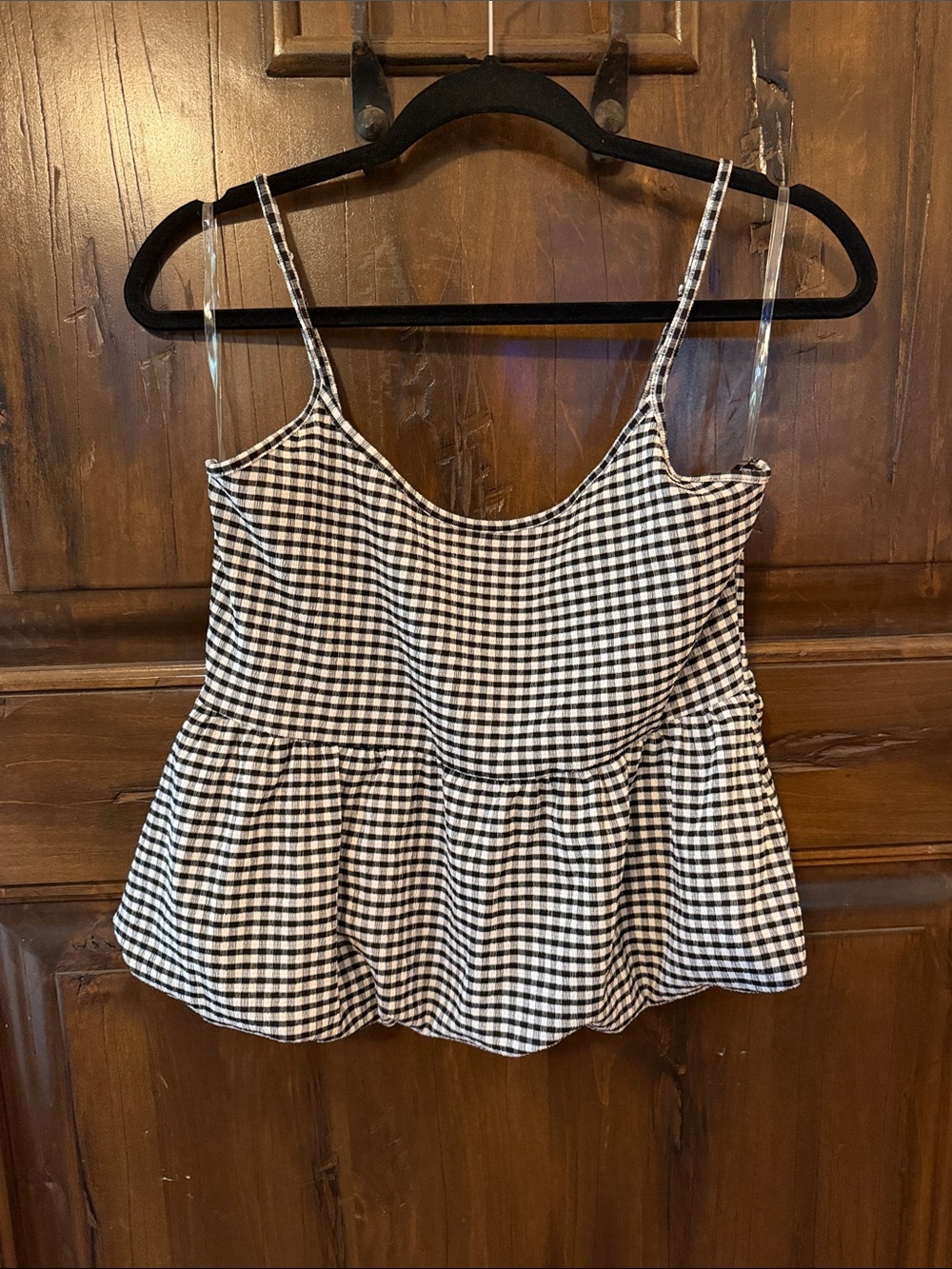 Gingham Peplum Cami Top - Black/White - Picture 1 of 3
